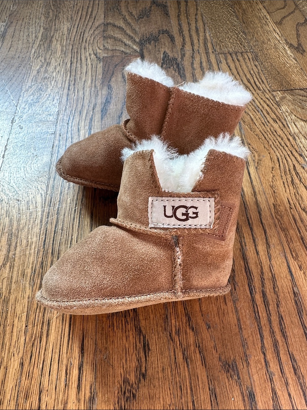 UGG Chestnut Suede Infant Booties with Shearling Trim